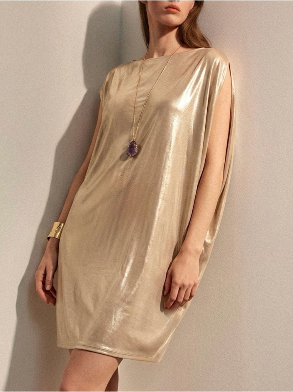 Halston Heritage Metallic Gold River Split-Sleeve Mini Dress
